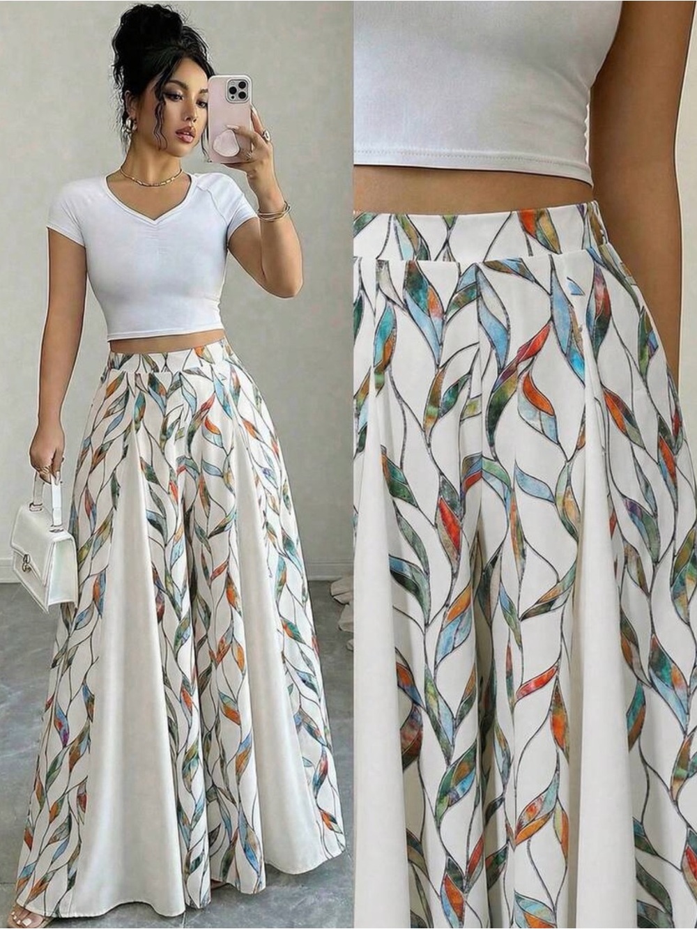 White Maxi Skirt with Multicolor Leaf 🍃 Print BOHO CHIC